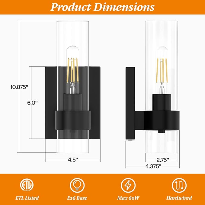 Zevluck 1-Light Wall Sconce, Matte Black Bathroom Vanity Light with Cylinder Clear Glass, Modern Hardwired Vanity Wall Lamps for Bathroom, Bedroom, Living Room, Stairs, Hallway