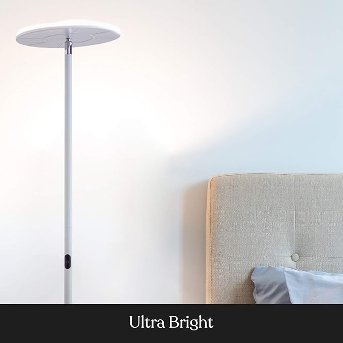 Brightech Sky Flux Dimmable LED Floor Lamp – Super Bright Floor Lamp for Living Room and Offices – Torchiere Standing Lamp with 3 Light Options, Tall Lamp for Bedroom Reading and More - White