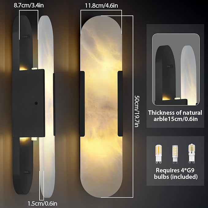 19.7in Matte Black Alabaster Wall Sconces, Natural Marble Wall Sconces Indoor Alabaster Sconces for Living Room Modern Alabaster Sconces Wall Lighting for Dining Room Stairs Bedroom