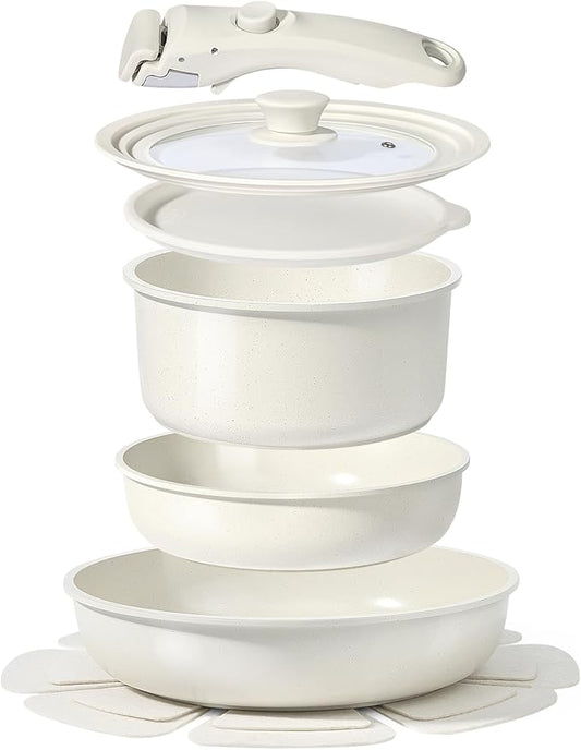 GiPP Ceramic Pots and Pans Set Non Stick, Nonstick Detachable Handle Cookware Sets, Healthy Non Toxic PFAS PFOA & PTFE Free, Dishwasher ＆Oven Safe, Induction Kitchen Pot and Pan, 8 Piece Cream