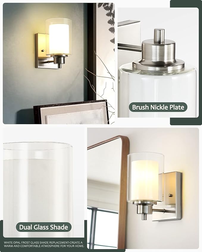2 Pack Bath Vanity Light Fixtures 1-Light, Indoor Brushed Nickel Wall Light with Dual Glass Shade, Modern Bathroom Wall Scone Lighting, Vintage E26 Base Wall Mount Lamp for Bedroom