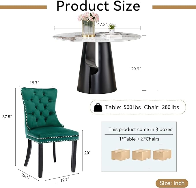 3-Piece Faux Marble Round Dining Table Set for 2, Modern Luxury Kitchen Table Set for 2 with Green Tufted Chairs,Circle Dining Tables with Pandora Grain Top and Black Pedestal Base