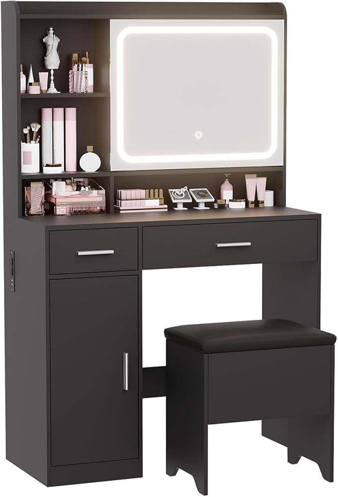 Vanity Desk with Sliding Mirror & Power Outlets - Dimmable LED Lighting, 4 Open Shelves, 2 Drawers, 1Storage Cabinet & Padded Stool - Ideal Bedroom Makeup Dressing Table （Black）
