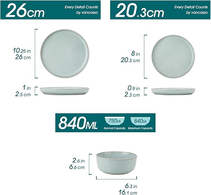 vancasso ANYA 18 Pieces Plates and Bowls Set, Mint Green Dinnerware Sets, Reactive Glaze Dishes Set for 6, Ceramic Dishware Sets Kitchen Dinner Set, Microwave & Dishwasher Safe