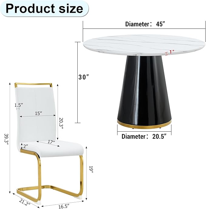 45 Inch Round Dining Table Set for 6, 7 Piece Kitchen Table and Chairs Set, White Faux Marble Table Top, Small Space Dining Set for Apartment or Dining Room