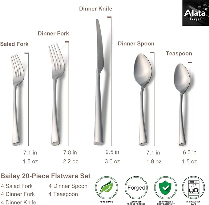 Alata Bailey 20-Piece Forged Stainless Steel Flatware Set Cutlery Set,Service for 4,Matte Satin Finish,Dishwasher Safe…
