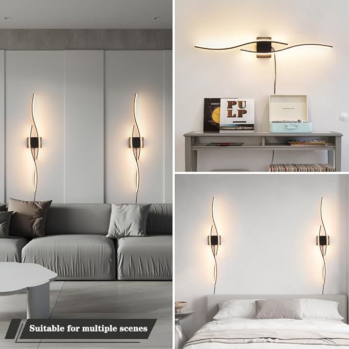 Modern Plug in Wall Sconces Set of Two, RC Dimmable LED Plug in Wall Light, Black Sconce Wall Lighting for Living Room, Hallway, Bedroom