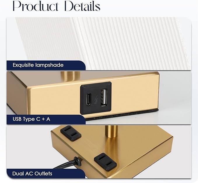 Bedside Lamp with USB Ports - Touch Control Table Lamp for Bedroom with USB C+A Ports & AC Outlets, 3 Way Dimmable Nightstand Light with Pleated Shade for Living Room(Bulb Included)