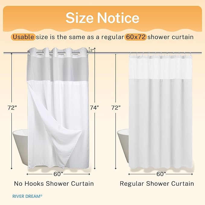 River Dream Heavyweight No Hooks Required Dotted Waffle Weave Shower Curtain with Snap in Liner - 60W x 74H,Hotel Grade,Spa Like Bath Curtain,White