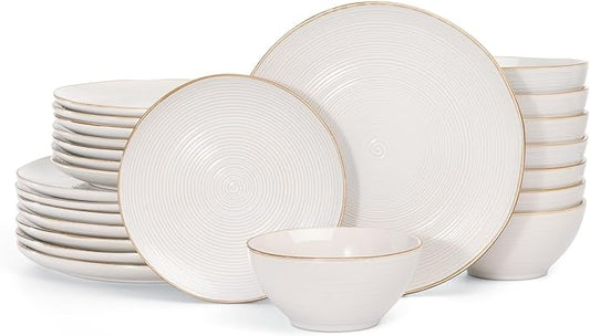 famiware Tempus Plates and Bowls Sets for 8, 24 Pieces Stoneware Dinnerware Sets, Dishes Set, Reactive Glaze Dishware Sets, Dishwasher & Microwave Safe - Antique White