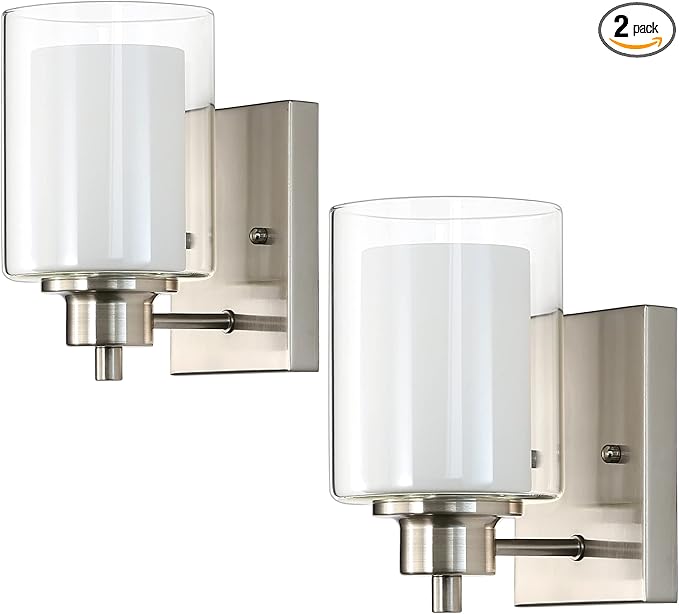 2 Pack Bath Vanity Light Fixtures 1-Light, Indoor Brushed Nickel Wall Light with Dual Glass Shade, Modern Bathroom Wall Scone Lighting, Vintage E26 Base Wall Mount Lamp for Bedroom