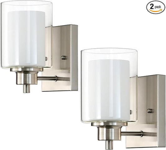 2 Pack Bath Vanity Light Fixtures 1-Light, Indoor Brushed Nickel Wall Light with Dual Glass Shade, Modern Bathroom Wall Scone Lighting, Vintage E26 Base Wall Mount Lamp for Bedroom