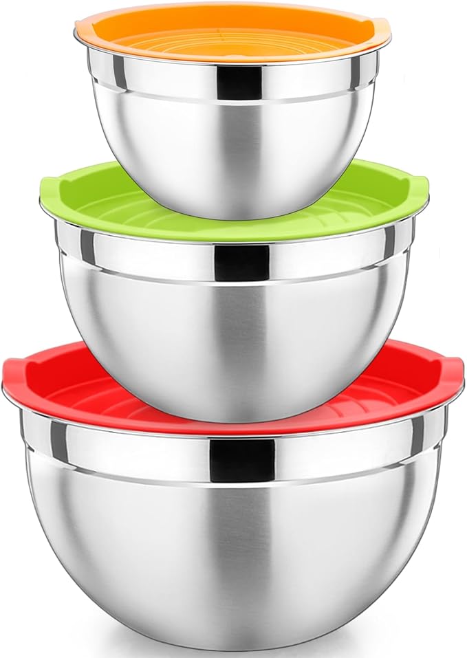 P&P CHEF Multicolor Mixing Bowls with Lids, Set of 3, Stainless Steel Salad Nesting Bowl for Mixing, Storing, Prepping, Airtight & Stackable, Size 4.6/3 /1.5 QT