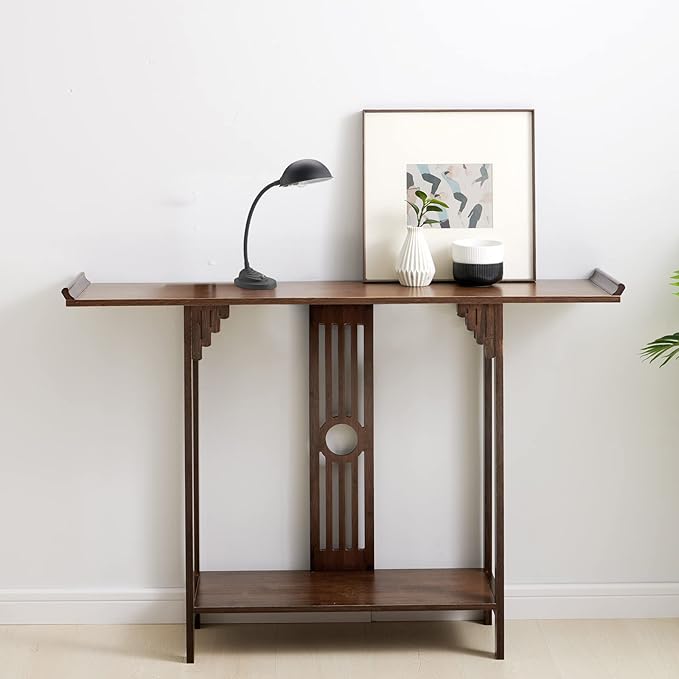 2 Tier Console Table Small Entryway Table for Narrow Spaces, Solid Wood Sofa Table Accent End Table with Curved Frame for Entryway Hallway Living Room Front Door