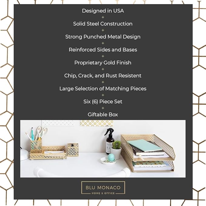 BLU MONACO Gold Desk Organizer Set for Women – 6-Piece Interlocking Office Supplies Set, Pen Cup, 3 Accessory Trays & 2 Letter Trays, Gold Paper Tray Holder