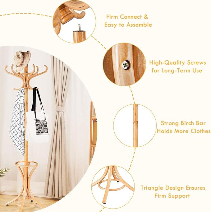 Tangkula 75.5" Standing Coat Rack, Wood Coat Tree with 12 Hooks, Home Hat Jacket Hanger Tree 12 with Umbrella Holder Coat Stand (Oak)