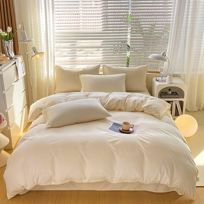Cottonight Ivory Comforter Set Queen Beige White Bedding Comforter Set Full Off White Solid Blanket Quilts Cotton Modern Soft Breathable Modern Simple Ivory Bedding Set for Women Men Queen Bed