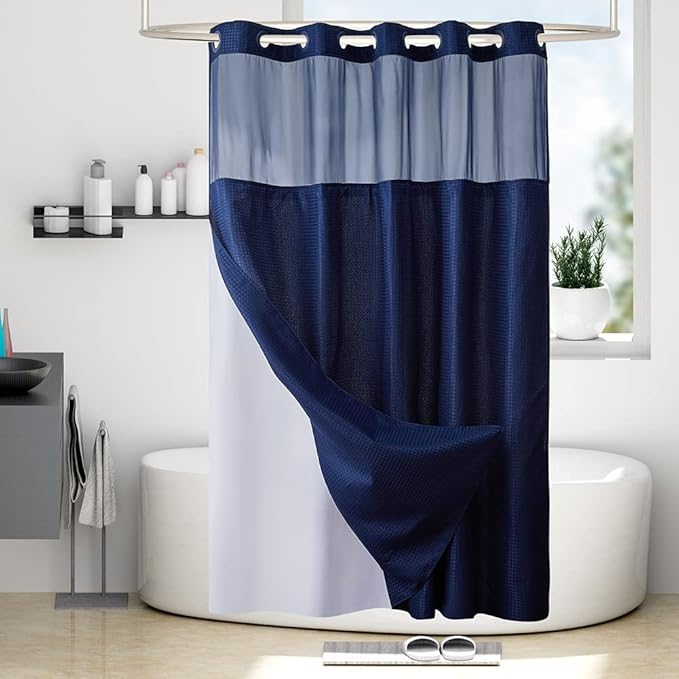 Furlinic Waffle Weave No Hook Shower Curtain with Snap in Fabric Liner Set,Heavy Duty Textured Bathroom Curtain with See Through Window,Waterproof & Machine Washable,Navy Blue,71x72 Inch