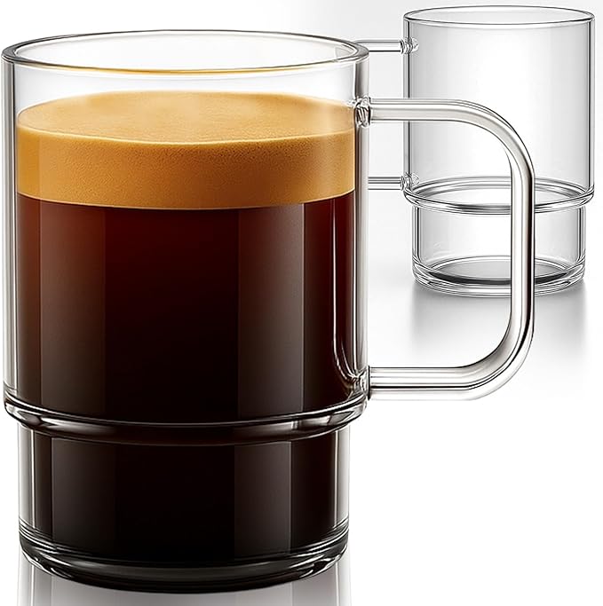 Aquach 22oz Stackable Glass Mugs with Handle, Set of 2 - Large Clear Coffee Cups for Latte, Cappuccino, Mocha, Americano, and Tea