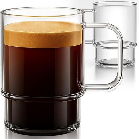 Aquach 22oz Stackable Glass Mugs with Handle, Set of 2 - Large Clear Coffee Cups for Latte, Cappuccino, Mocha, Americano, and Tea
