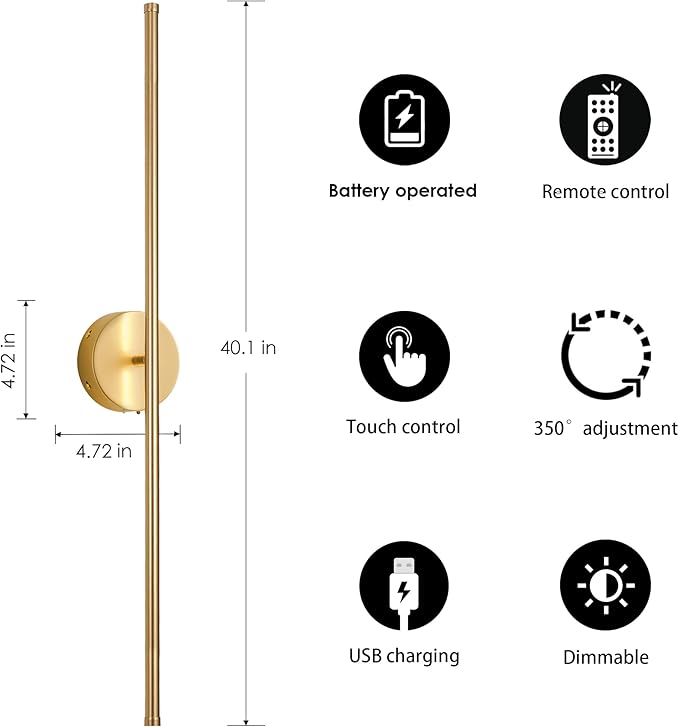 Battery Operated Wall Sconces with Remote Control, Dimmable Wall Sconces Set of Two, 350°Rotate, 3000K LED Gold Wireless Wall Light for Living Room, Bedroom, Hallway, 40.1 Inch (2 Pack)