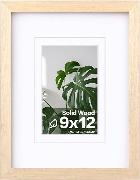 Egofine 9x12 Picture Frame Made of Solid Wood with Plexiglass, Display Pictures 5x7/6x8 with Mat or 9x12 Without Mat for Tabletop and Wall Mounting, Oak Wood
