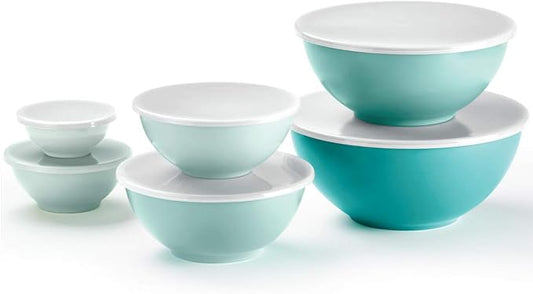 KOXIN-KARLU 6-Piece Nesting Melamine Mixing Bowl Set with Lids, Teal Assorted Colors