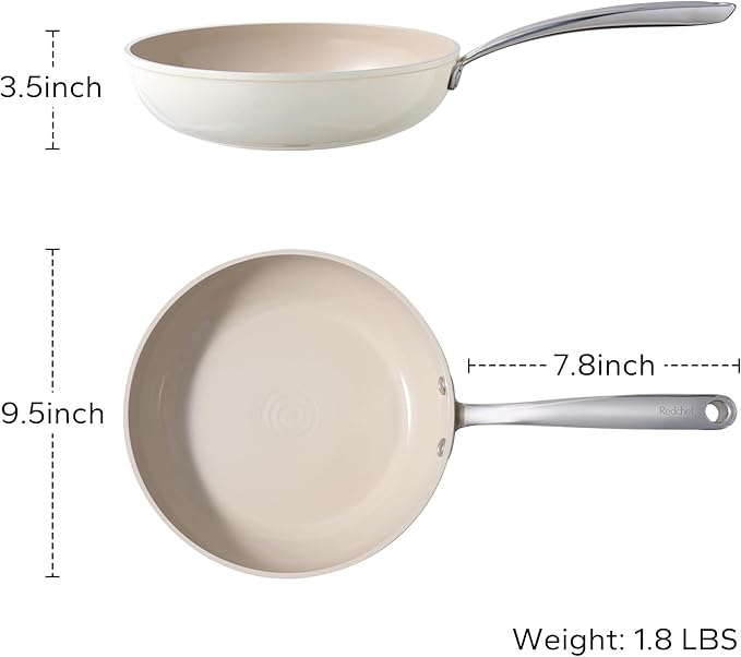 Redchef Ceramic Non Stick Frying Pans, 9.5" Skillet, Omelette Egg Pan with Stay Cool Handle, Ceramic Chef Pan for Cooking Non Toxic, PFOA & PFAS Free, Induction Compatible, Oven Dishwasher Safe(Beige)