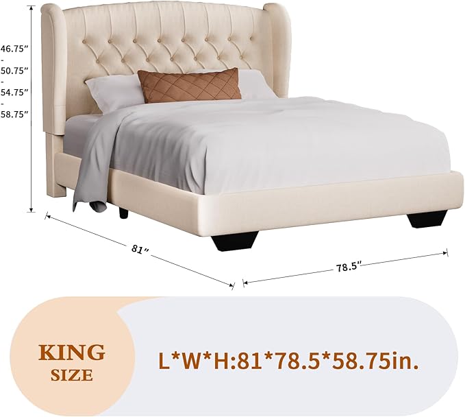 Rosevera Upholstered Queen Bed Frame with Adjustable Tufted Headboard,Classic Solid Wood Bed Frame with Wingback Headboard for Bedroom,Beige (Beige, King (U.S. Standard))