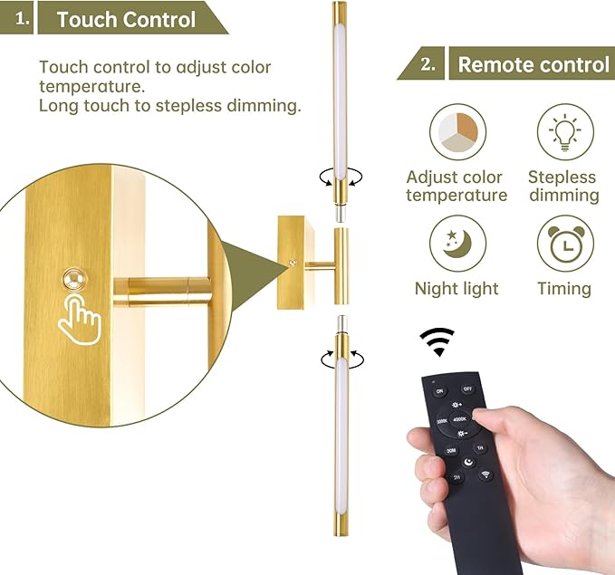 Battery Operated Wall Sconce Set of 2, 8000mAh Wireless Wall Sconces, 3000K-6000K Dimmable, 350°Rotate, Indoor Wall Lights for Bedroom Living Room Bathroom, Gold, 23.6 Inch