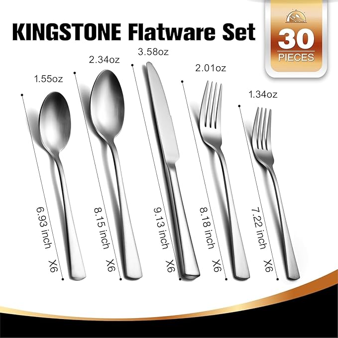 KINGSTONE Silverware Set, 30-Piece Flatware Set for 6, 18/10 Stainless Steel Cutlery Set, Mirror Polished Eating Utensils Set, Dishwasher Safe