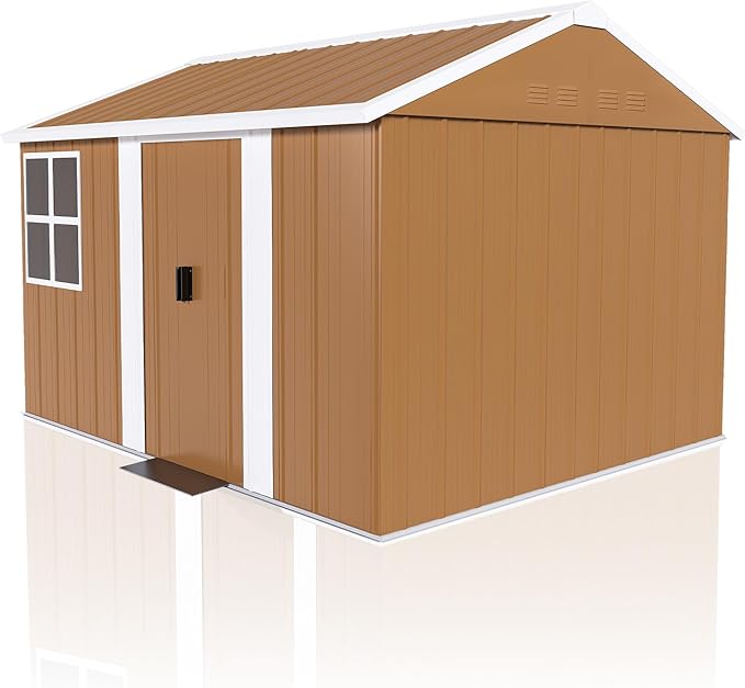 8x10 FT Outdoor Storage Shed, Metal Tool Storage with Updated Frame Structure, Vertical Outside Storage Building, Ventilation, Sloped Roof, Metal Garden Shed for Backyard, Lawn, Patio (8x10 FT)