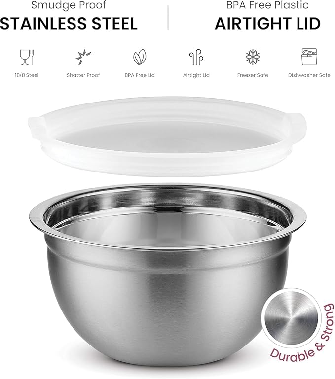 Mixing Bowls Set of 5, Stainless Steel Salad Bowls with Lids, Nesting Metal Mixing Bowls for Baking, Cooking, Prepping & Food Storage
