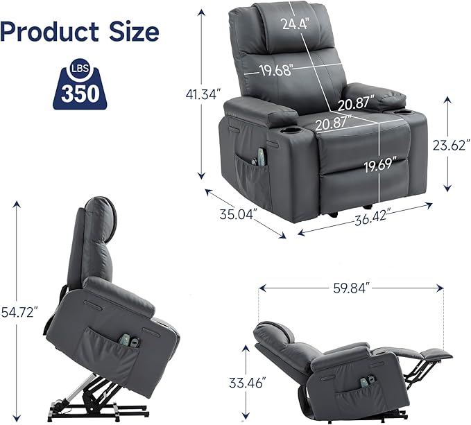 Power Lift Recliner Chair for Elderly with Massage & Heat, 160° Adjustable PU Leather Electric Recliner with Remote, Cup Holders, Side Pockets, and Stand Assist for Living Room, Bedroom (Gray)