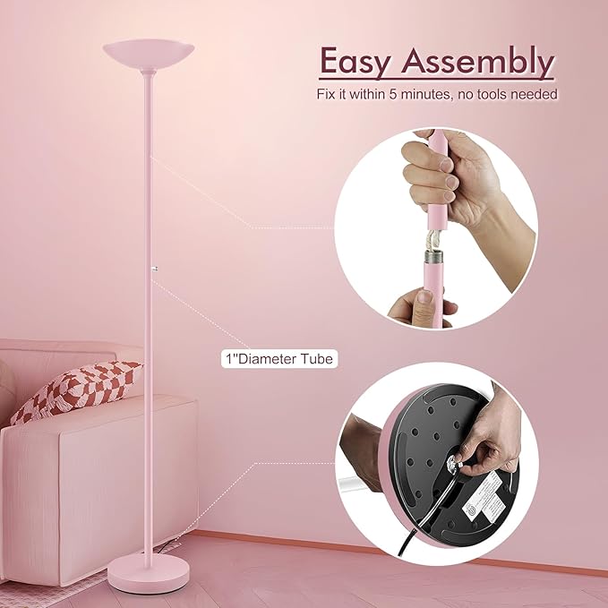 BoostArea Torchiere Floor Lamp Pink, 30W Super Bright LED Standing Lamp, 3000K Stepless Dimmable Pole Lamp with Rotary Switch, 71inch Tall Metal Modern Floor Lamps for Living Room,Bedroom,Home Decor