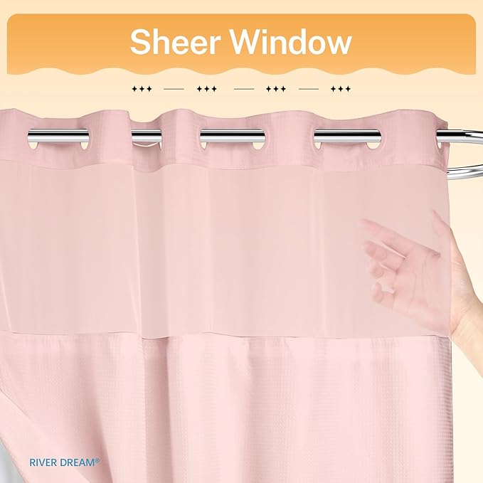 No Hooks Required Dotted Pink Shower Curtain with Snap in Liner - 71" W x 74" H,Hotel Grade,Spa Like Bath Curtain