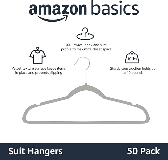 Amazon Basics Slim, Velvet, Non-Slip Suit Clothes Hangers, Gray/Silver - Pack of 50