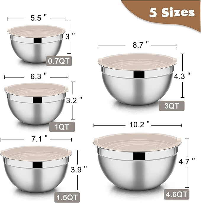E-far Stainless Steel Mixing Bowls with Lids, 5-Pack Metal Nesting Bowls with Airtight Covers for Cooking, Baking, Serving, Storage, Non-toxic & Dishwasher Safe, Size 4.6/3/1.5/1/0.7QT - Khaki