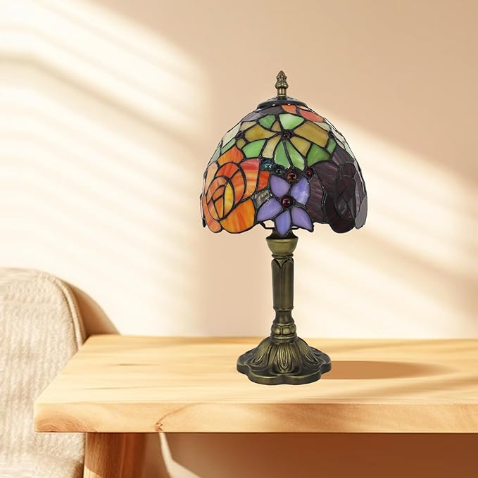 Small Tiffany Table Lamp 8" Flower Design Stained Glass Shade Red Yellow Floral Multi-Color 14.6" Tall Vintage Bedside Light for Living Room Sofa Side Bedroom nightstand