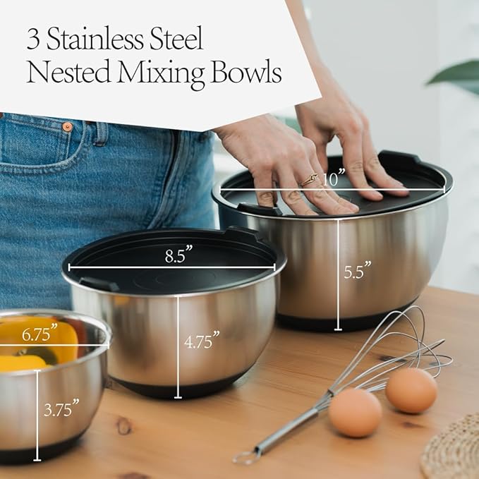 ANGORA BRANDS Stainless Steel Mixing Bowls with Lids - Set of 3 Durable Metal Bowls for Baking & Cooking - Nesting Bowls for Kitchen Efficiency - Non-Slip Mixing Bowls Stainless Steel by Samma