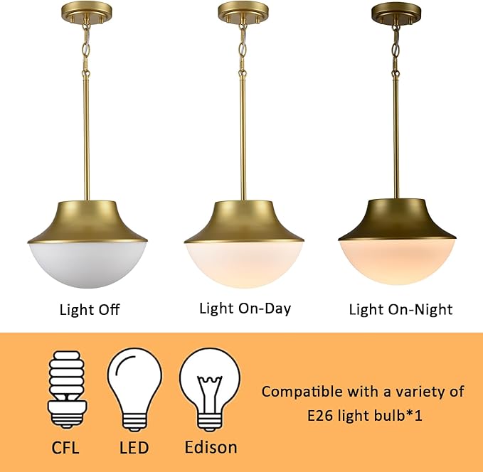 Mid Century Modern Pendant Light Fixture 11.02" Brass Gold Yellow Pendant Light Kitchen Island with Milk Glass White Bowl Shade Over Sink Bathroom Dining Room Foyer