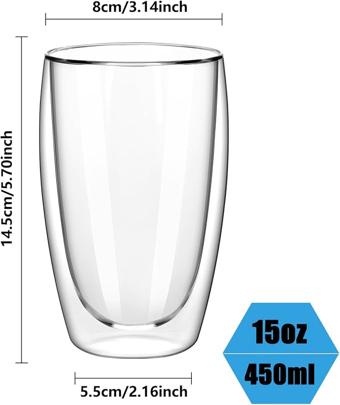 15oz Double Wall Glass Coffee Mugs, Insulated Latte Cups Set of 2, for Coffee, Espresso, Tea, Milk, Clear Cappuccino Cups Set Glassware Gift for Christmas Birthday