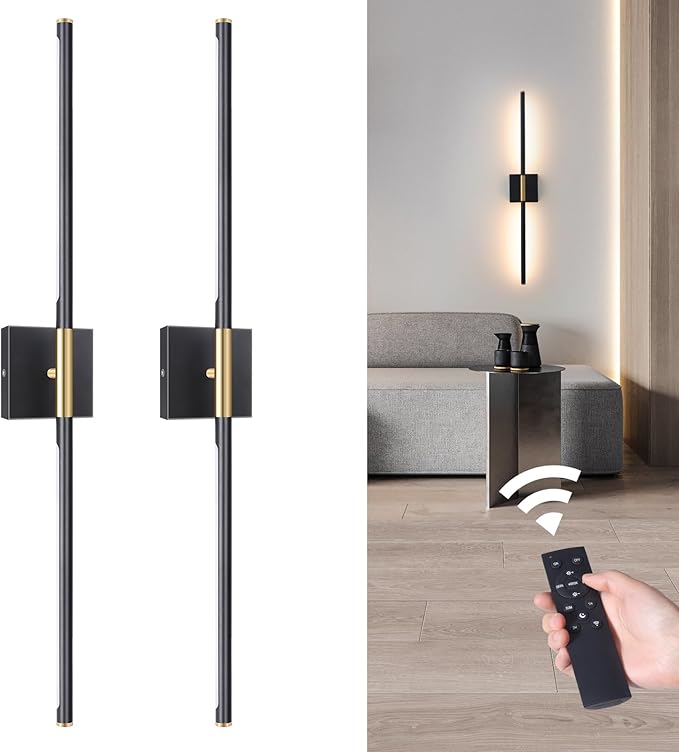 Battery Operated Wall Sconce Set of 2, 10400mAh Wireless Wall Sconces, 3000K-6000K Dimmable, 350°Rotate, Indoor Wall Lights with Remote for Bedroom Living Room Bathroom, Black Gold, 31.5 Inch