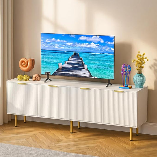 White TV Stand for TVs up to 80 Inch,Mid Century Modern TV Console,TV Stands for Living Room & Bedroom,Entertainment Center with Storage,Entertainment Stand,TV Cabinet for 55,60,65,70,72,75,80 Inch TV