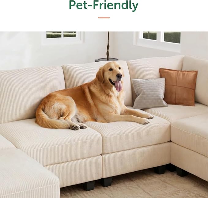 HONBAY Corduroy Sectional Couch with Storage U Shaped Sectional Sofa Modular Sectional Couches for Living Room, Beige