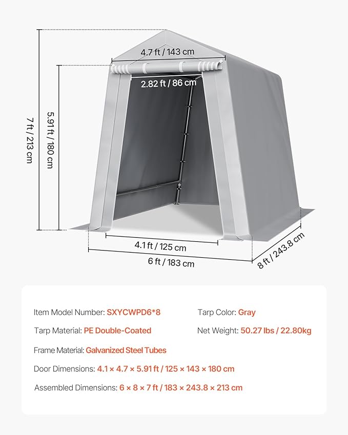 VEVOR 6x8x7 FT Portable Outdoor Storage Shed, Heavy-Duty Waterproof Shelter with Roll-Up Zipper Door & Vents, UV-Resistant Carport for Motorcycle, Bike, Lawn Mower, Tools �Gray