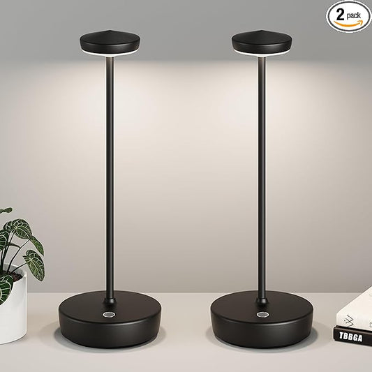 Cordless Table Lamp Rechargeable 2Pack - LED Battery Table Light with 3 Color Temperatures, Stepless Dimming, Waterproof Aluminum for Indoor Outdoor, Patio, Restaurant, Dinner (Black)