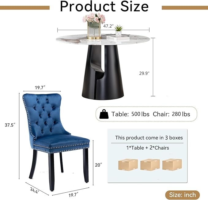 3-Piece Faux Marble Round Dining Table Set for 2, Modern Luxury Kitchen Table Set for 2 with Blue Tufted Chairs,Circle Dining Tables with Pandora Grain Top and Black Pedestal Base