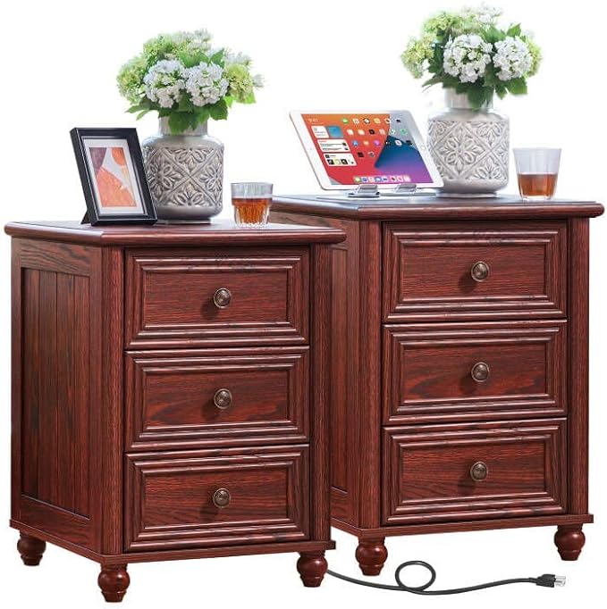 18" Farmhouse Night Stand Set 2, RedOak 3 & 3 Drawers Wood Nightstand, Bedside End Table with Storage and Roman Column, Bed Side Tables Cabinet for Bedroom, Living Room, and Closet