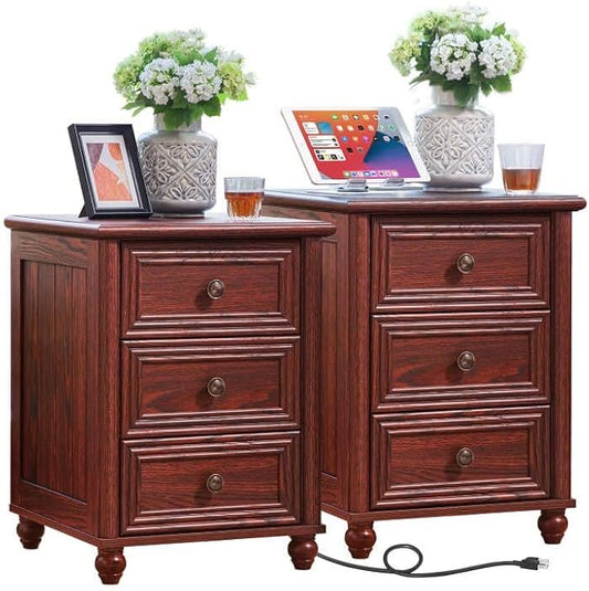 18" Farmhouse Night Stand Set 2, RedOak 3 & 3 Drawers Wood Nightstand, Bedside End Table with Storage and Roman Column, Bed Side Tables Cabinet for Bedroom, Living Room, and Closet